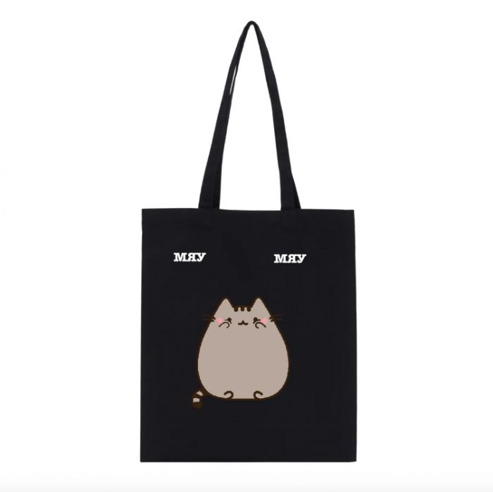 Эко сумка шоппер с принтом Pusheen The Cat Кот Пушин   39х34 см (Черный)