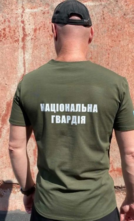 Футболка НГУ | НАЦІОНАЛЬНА ГВАРДІЯ УКРАЇНИ універсальна з надписом на спині хакі