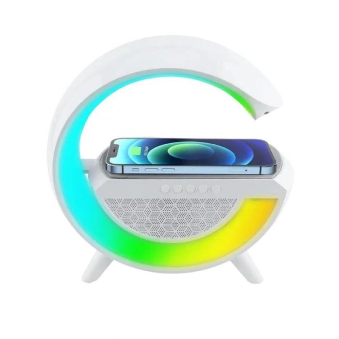 Настольная смарт лампа ночник  с беспроводной зарядкой 15W и Bluetooth колонкой 3W + радио, белый